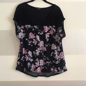 Express Black and Floral Top w/ mesh cutouts